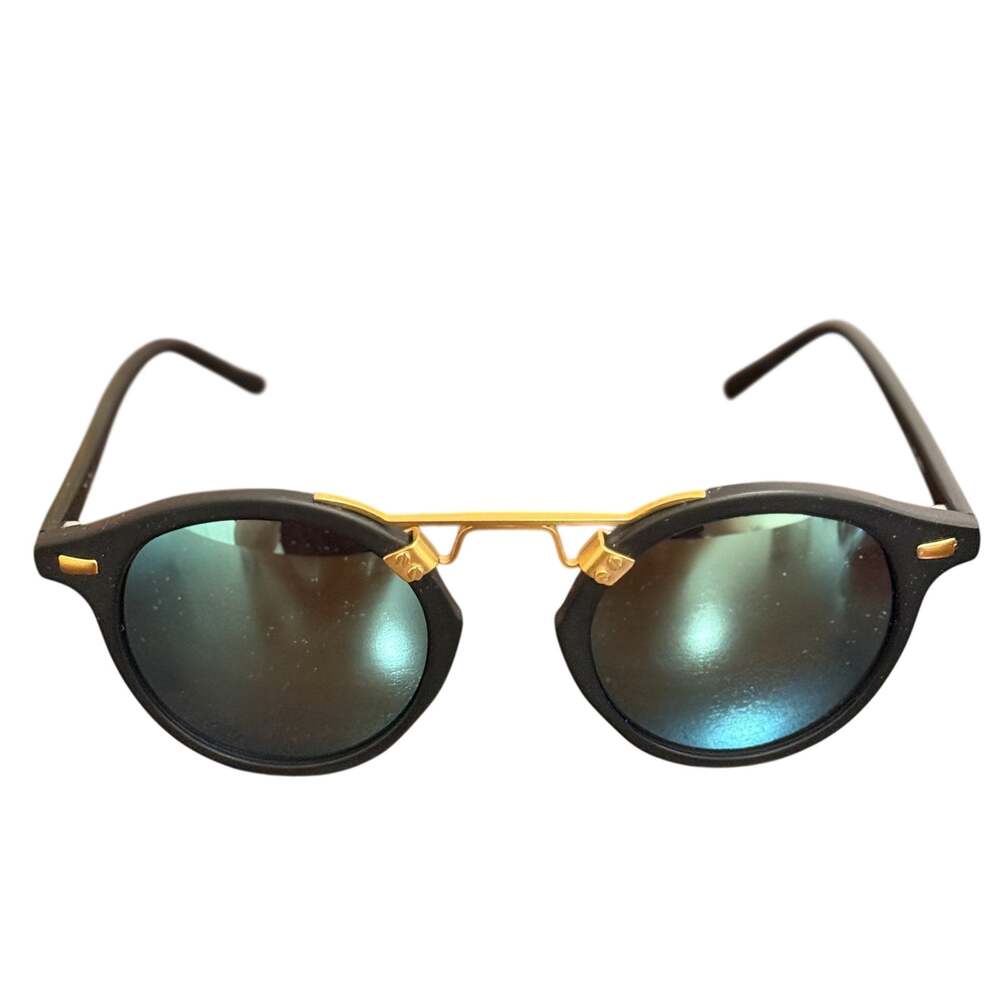 KREWE du optic St. Louis Sunglasses Matte Black 24K Gold Blue Mirrored Round